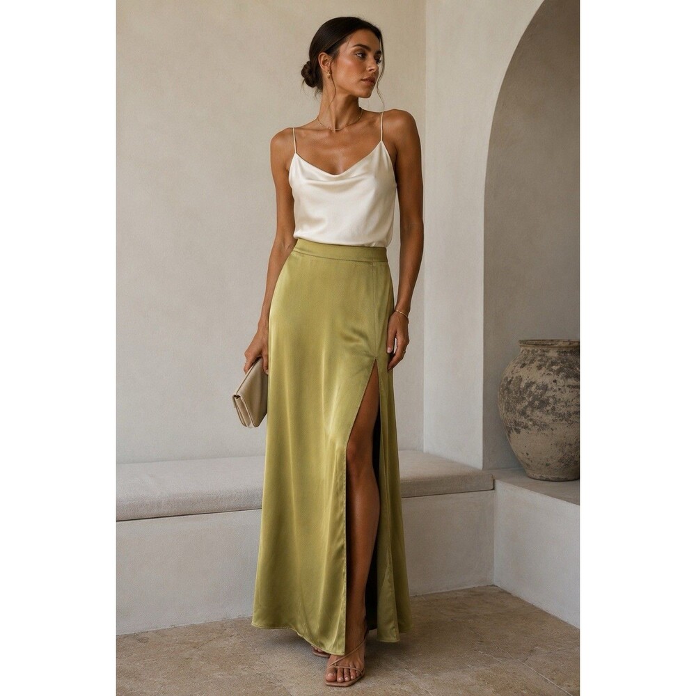 Y2K Olive Satin Maxi Skirt Bias Cut Slit Minimalist Slip Skirt Small Quiet Lux